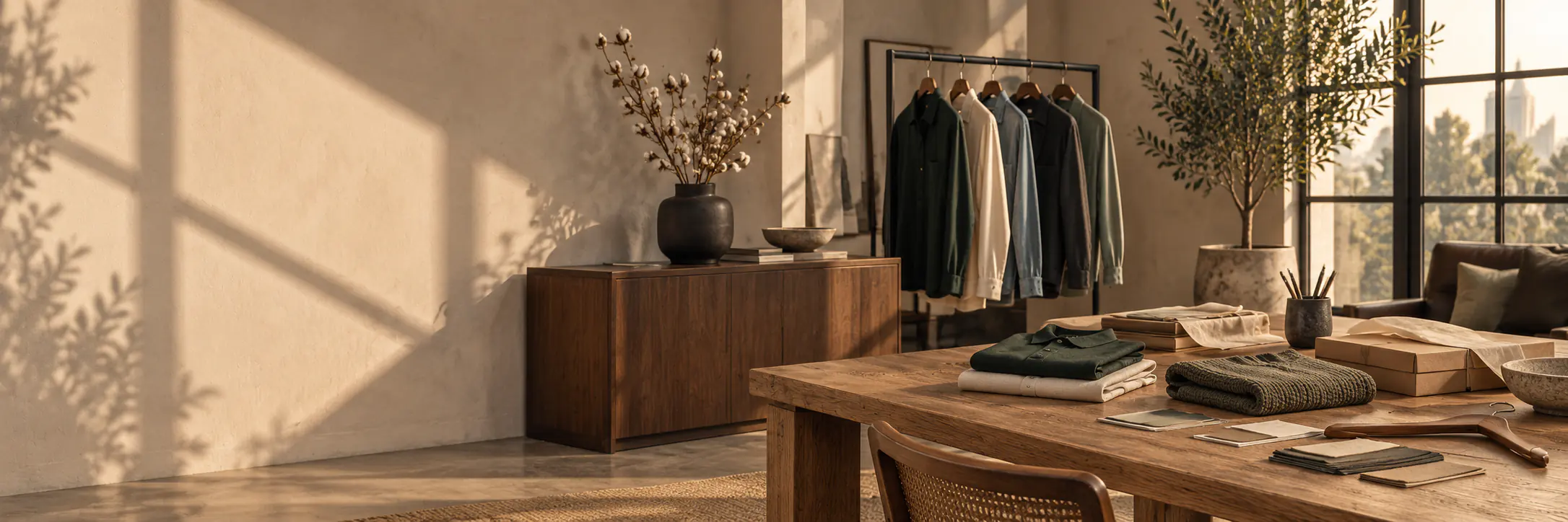 Editorial apparel studio in warm afternoon light: a rail of shirts, folded knitwear on a walnut table and a vase of cotton stems.