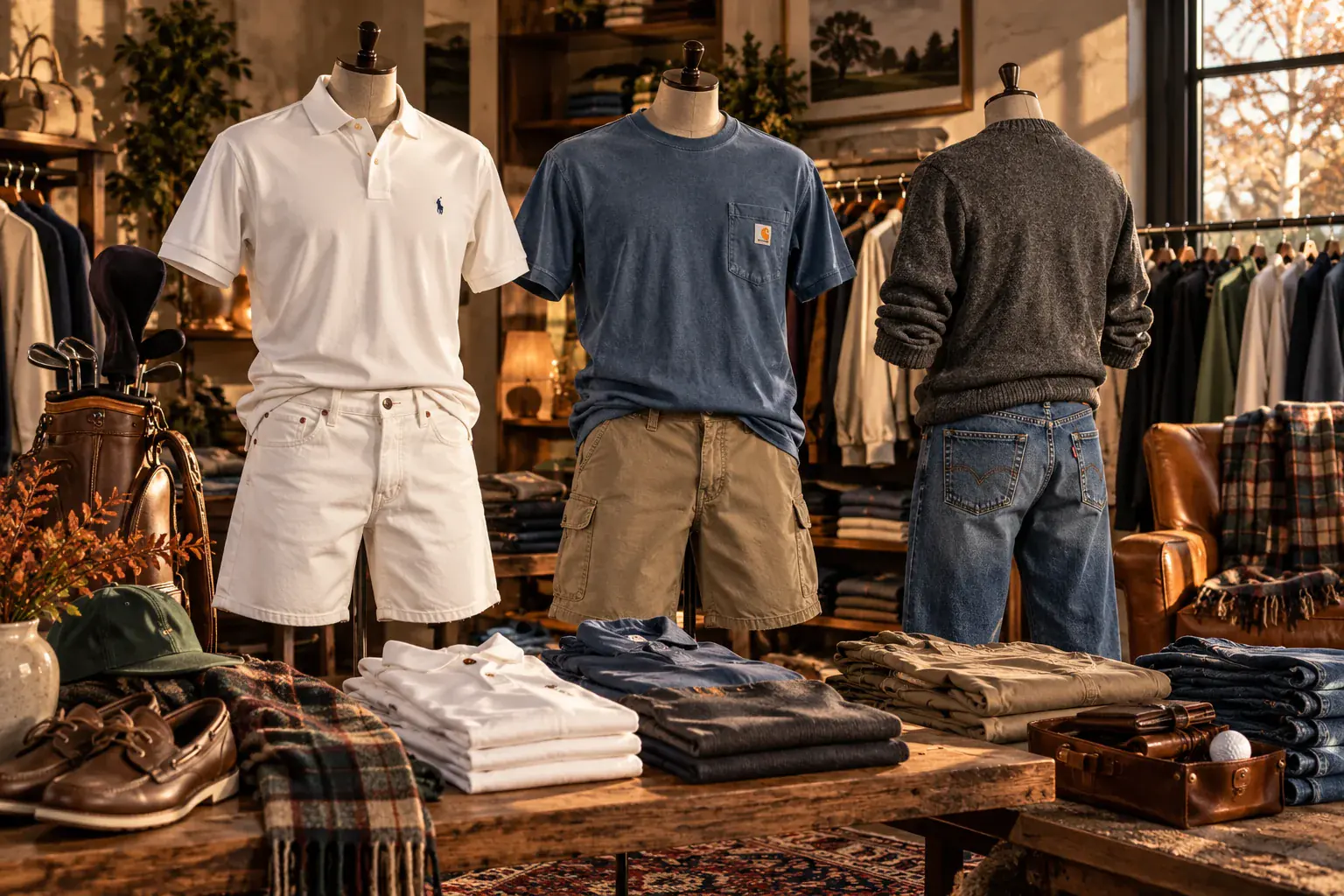 Editorial menswear display: a white polo, a blue pocket tee over cargo shorts and a grey knit with jeans on mannequins in a warm, wood-panelled room.