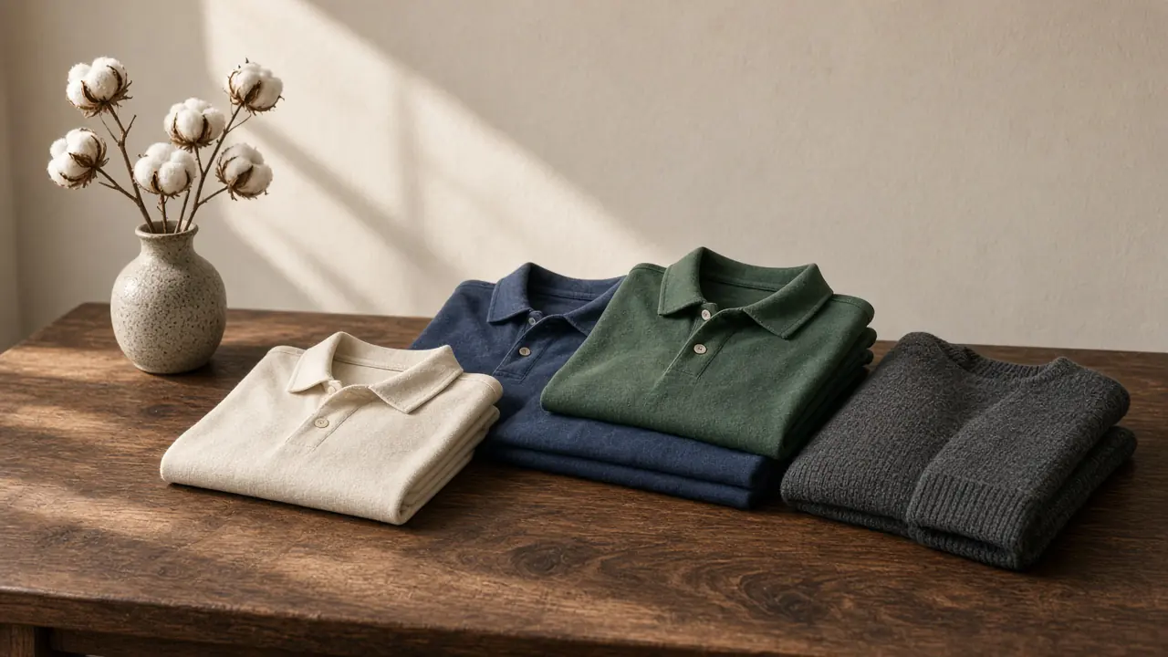 Folded cream, indigo and forest-green polos beside a charcoal knit and a vase of cotton stems on a walnut table.