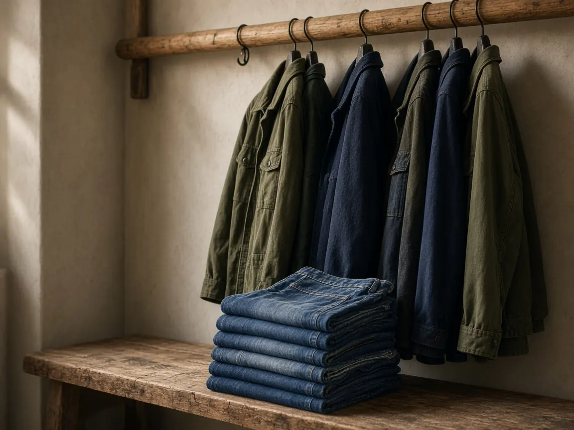 Olive and navy jackets on a wooden rail above a stack of folded denim.