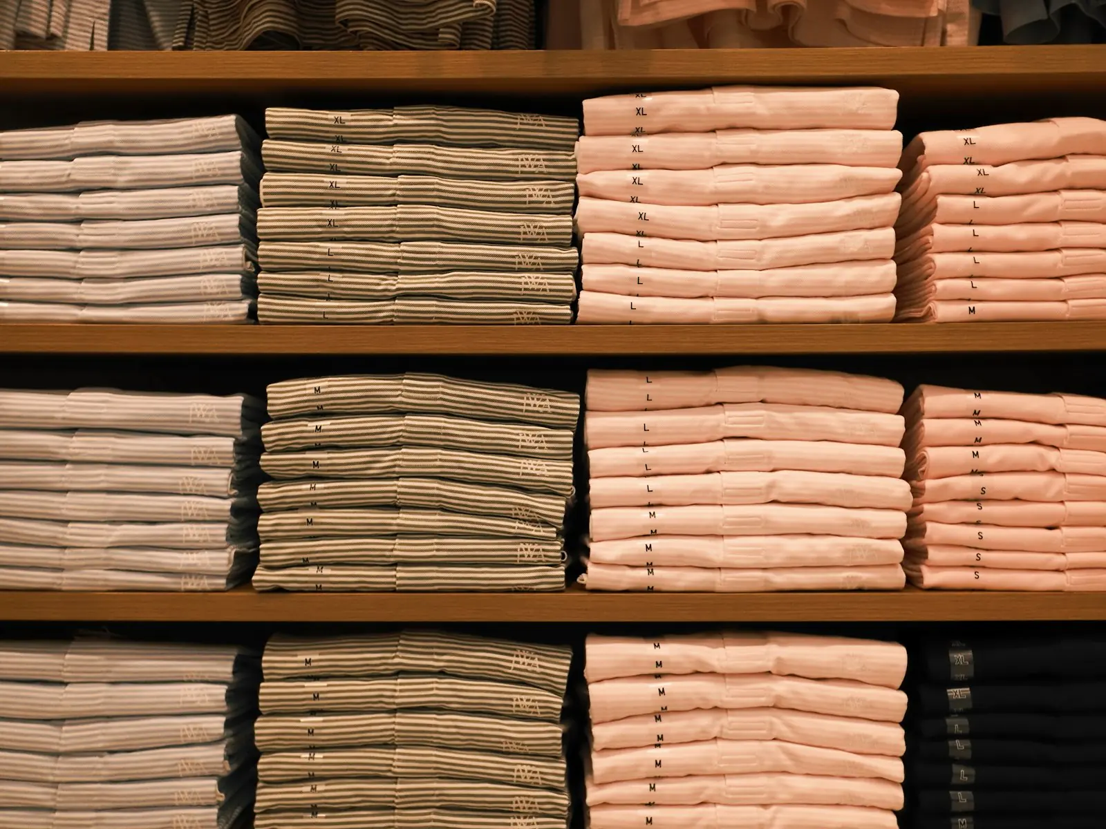 Wooden shelves of folded striped and solid shirts, with size letters such as S, M, L, and XL printed on the folds.