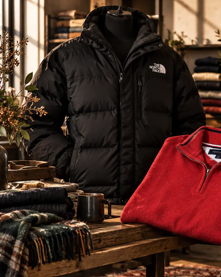 Editorial example: a black puffer jacket on a mannequin beside a folded red quarter-zip. Not a current lot.