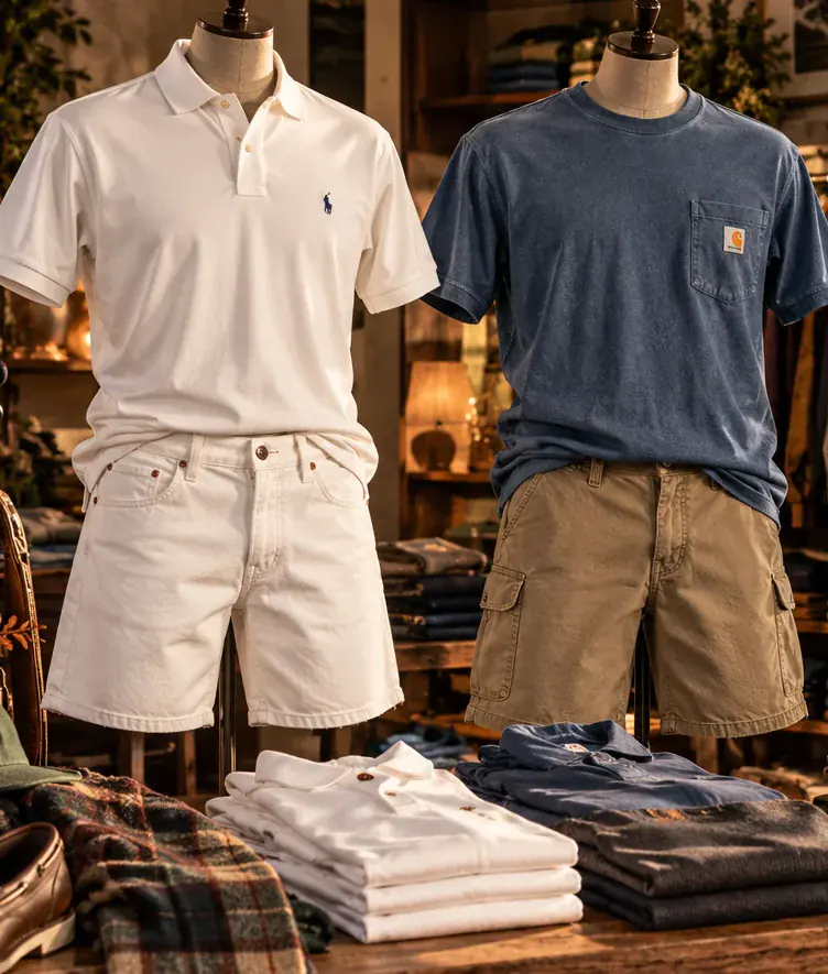 Editorial example: a white polo and a blue pocket tee on mannequins above folded shirts. Not a current lot.